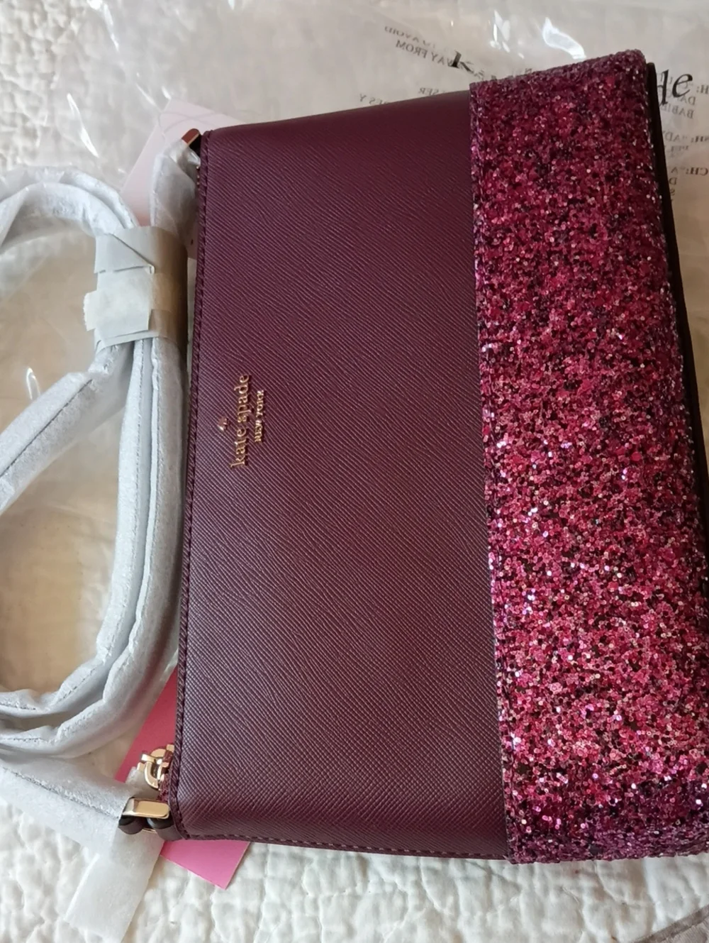 KATE SPADE burgundy crossbody w/ pink glitter panel NEW WITH TAGS $279 Nordstrom